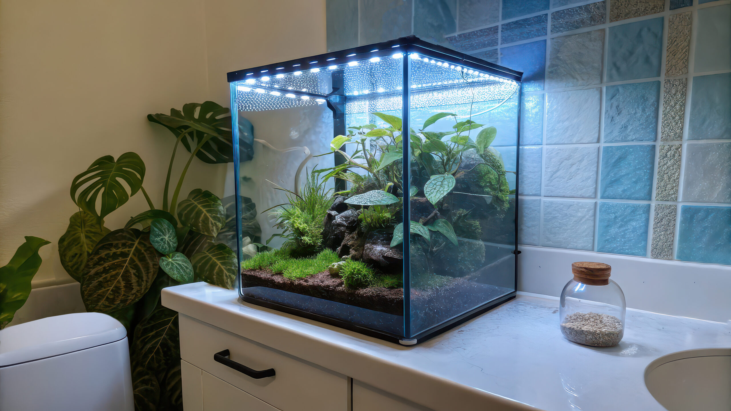 Terrarium fermé sphérique et paludarium côte à côte sur console en bois