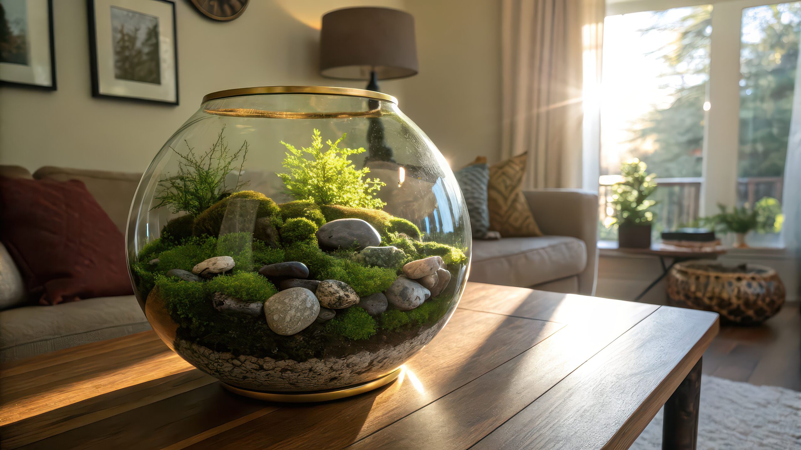 Personne versant des billes d'argile dans un bocal en verre pour créer un terrarium