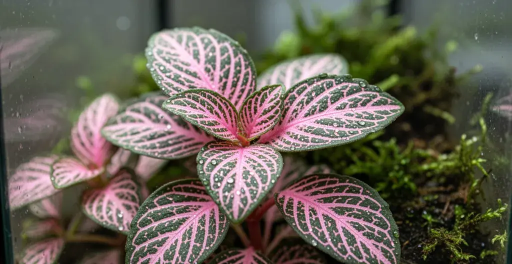 Feuilles de Fittonia rose avec nervures blanches et gouttelettes d'humidité en terrarium