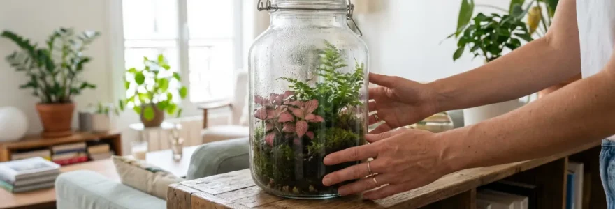 Terrarium tropical fermé avec fittonia et fougères dans un salon français